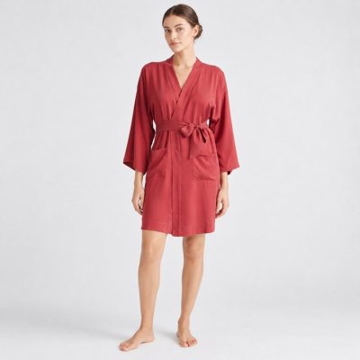 Brick Red Short Satin Robe with Self-Tie Belt Supplier | Women's Dressing Gown