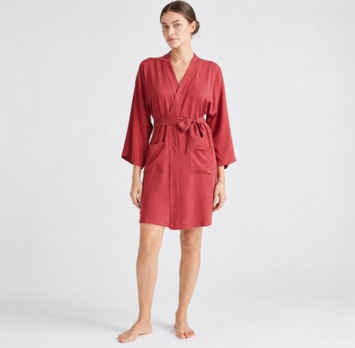 Brick Red Short Satin Robe with Self-Tie Belt Supplier | Women's Dressing Gown
