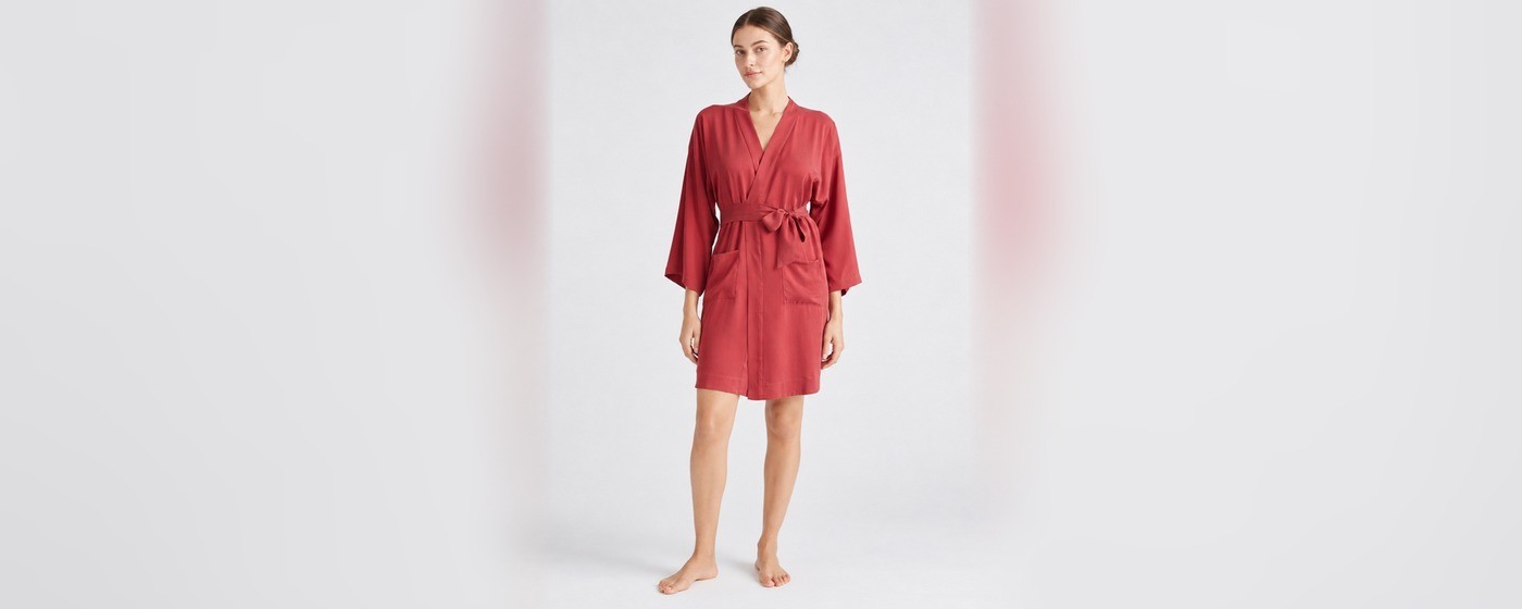 Brick red short satin robe with shawl collar and self-tie belt for private label sleepwear