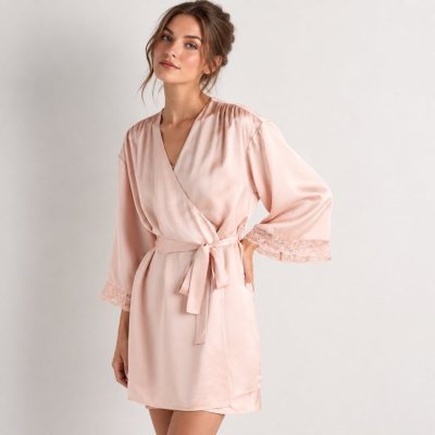 Short Blush Satin Robe with Lace Cuffs Supplier | Bridal Getting-Ready Gown