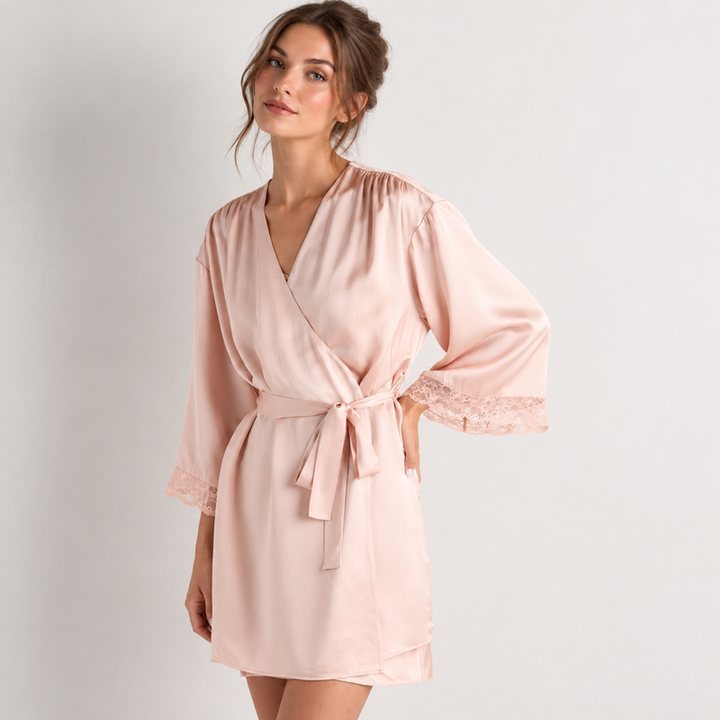 Blush satin wrap robe with lace-trimmed sleeves and a self-tie belt