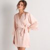 Short Blush Satin Robe with Lace Cuffs Supplier | Bridal Getting-Ready Gown