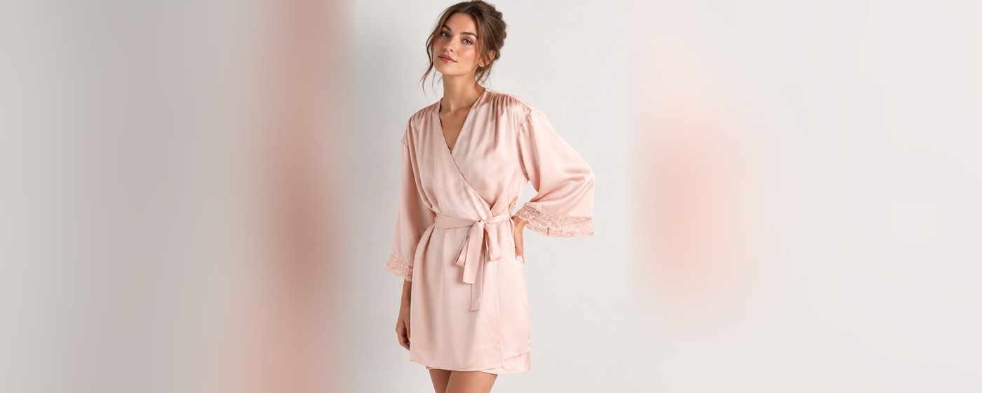 Blush satin short robe with lace trim on cuffs and hem for bridal sleepwear
