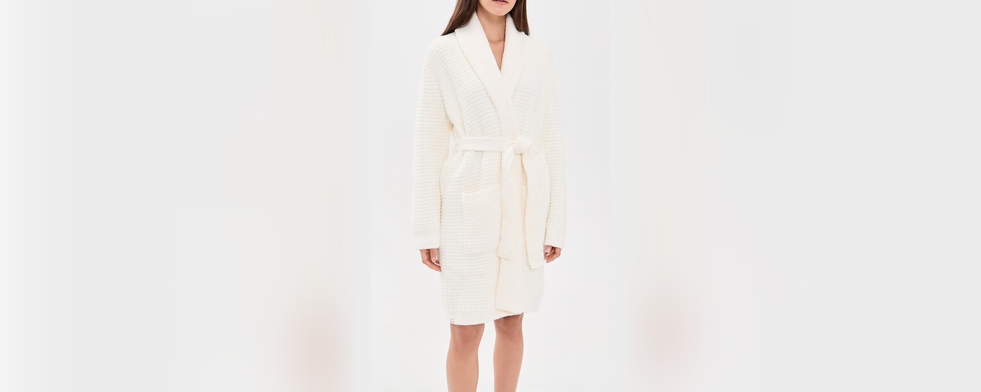 Cream waffle knit robe with shawl collar and self-tie belt for hotel and spa programmes