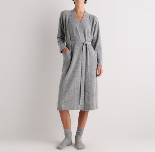 Heather Grey Cashmere Knit Robe Supplier | Women's Shawl Collar Dressing Gown