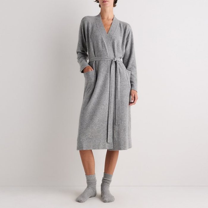 Heather Grey Cashmere Knit Robe Supplier | Women's Shawl Collar Dressing Gown