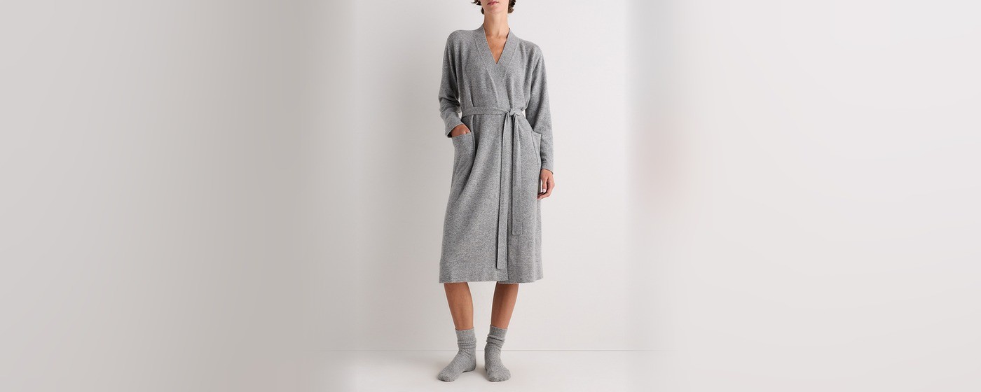 Heather grey cashmere knit robe with shawl collar and self-tie belt for premium private label