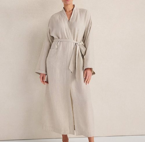 Oatmeal Linen Robe with Shawl Collar Supplier | Washed Linen Dressing Gown