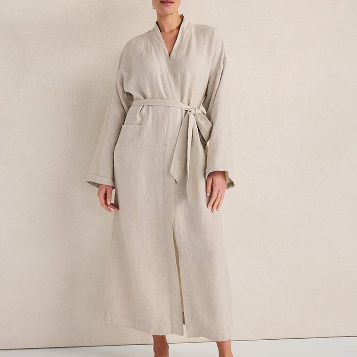 Oatmeal Linen Robe with Shawl Collar Supplier | Washed Linen Dressing Gown