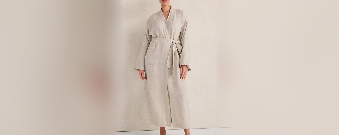Oatmeal washed linen robe with shawl collar and self-tie belt for resort ranges
