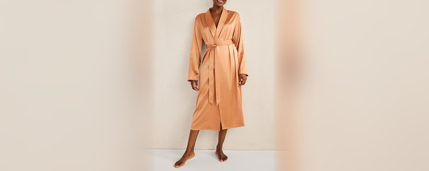 Copper washable silk robe with shirt collar and self-tie belt for private label sleepwear