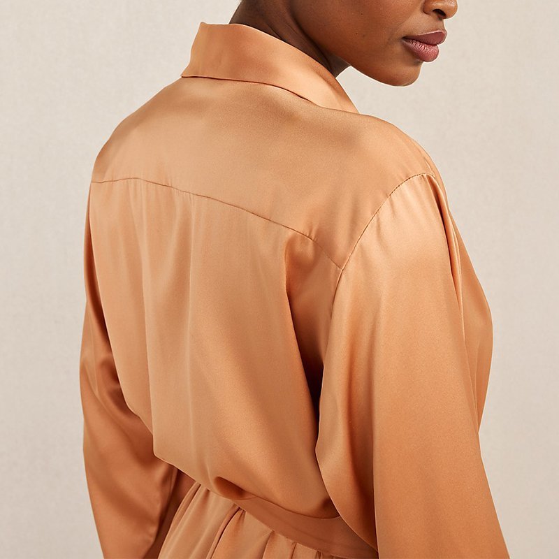 Collar and back yoke detail on a copper sand-washed silk robe