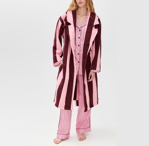 Burgundy Stripe Cotton Velour Robe Supplier | Women's Wide Stripe Gown