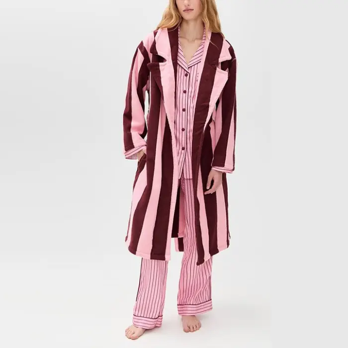 Burgundy Stripe Cotton Velour Robe