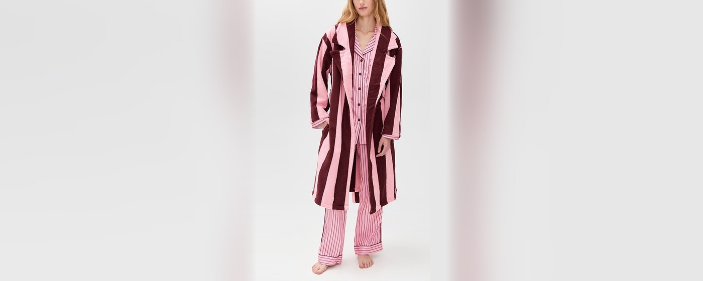 Burgundy and pink wide stripe cotton velour robe with notch collar and self-tie belt