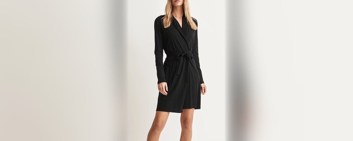 Black cotton jersey wrap robe with narrow self-tie belt for private label sleepwear