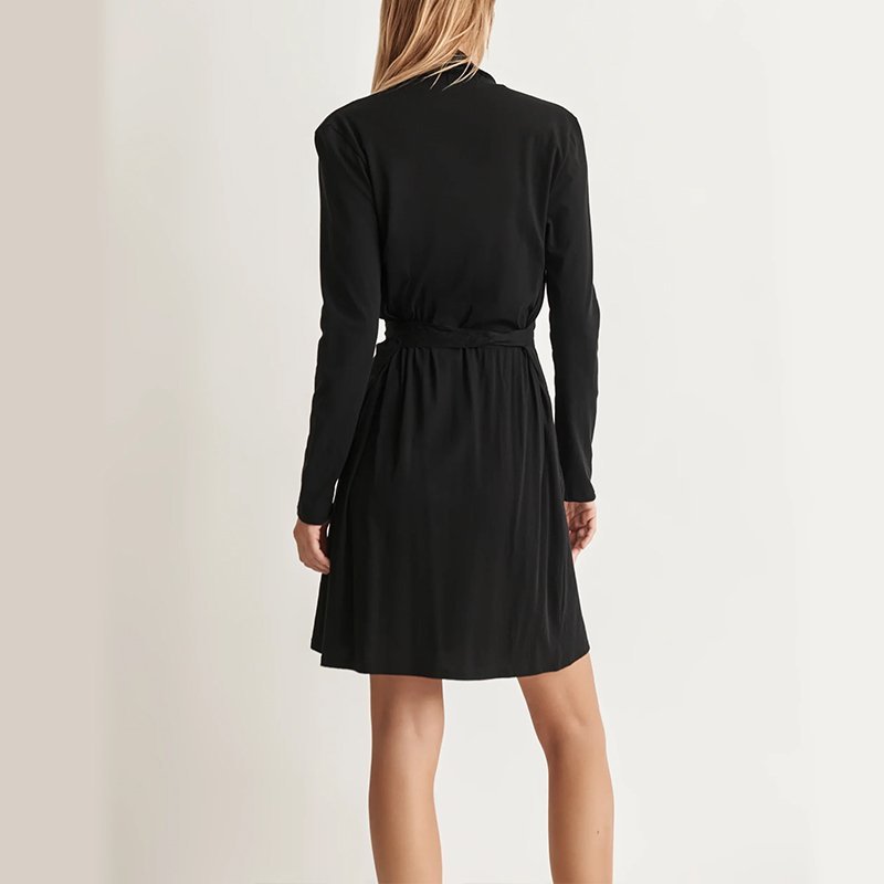 Back view of a black cotton jersey wrap robe with patch pockets