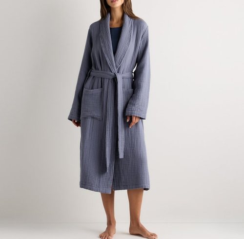 Mist Blue Waffle Cotton Robe Supplier | Turkish Cotton Spa Gown