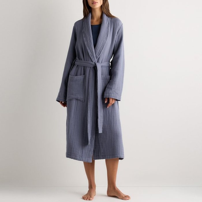 Mist Blue Waffle Cotton Robe Supplier | Turkish Cotton Spa Gown