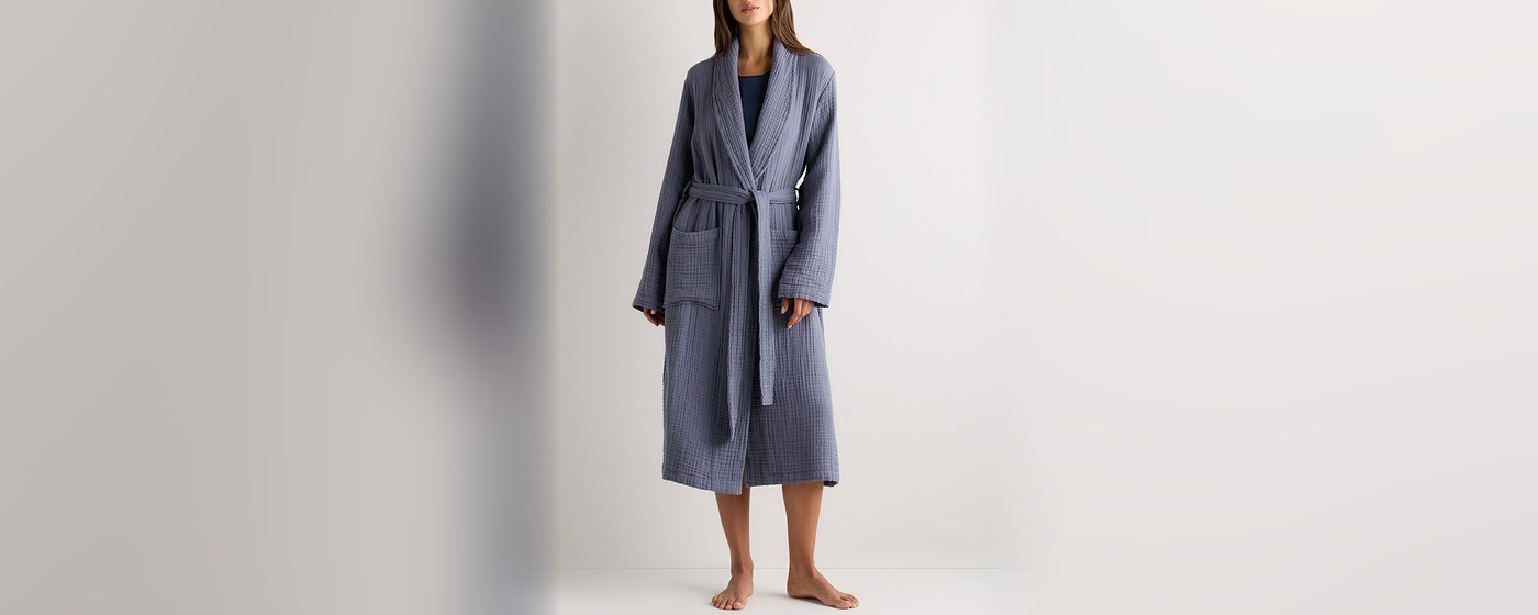 Mist blue waffle weave cotton robe with shawl collar for private label sleepwear