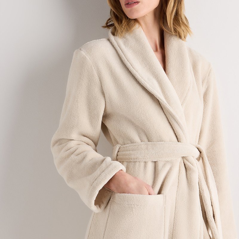 Close-up of terry loop pile and shawl collar on a birch cotton robe