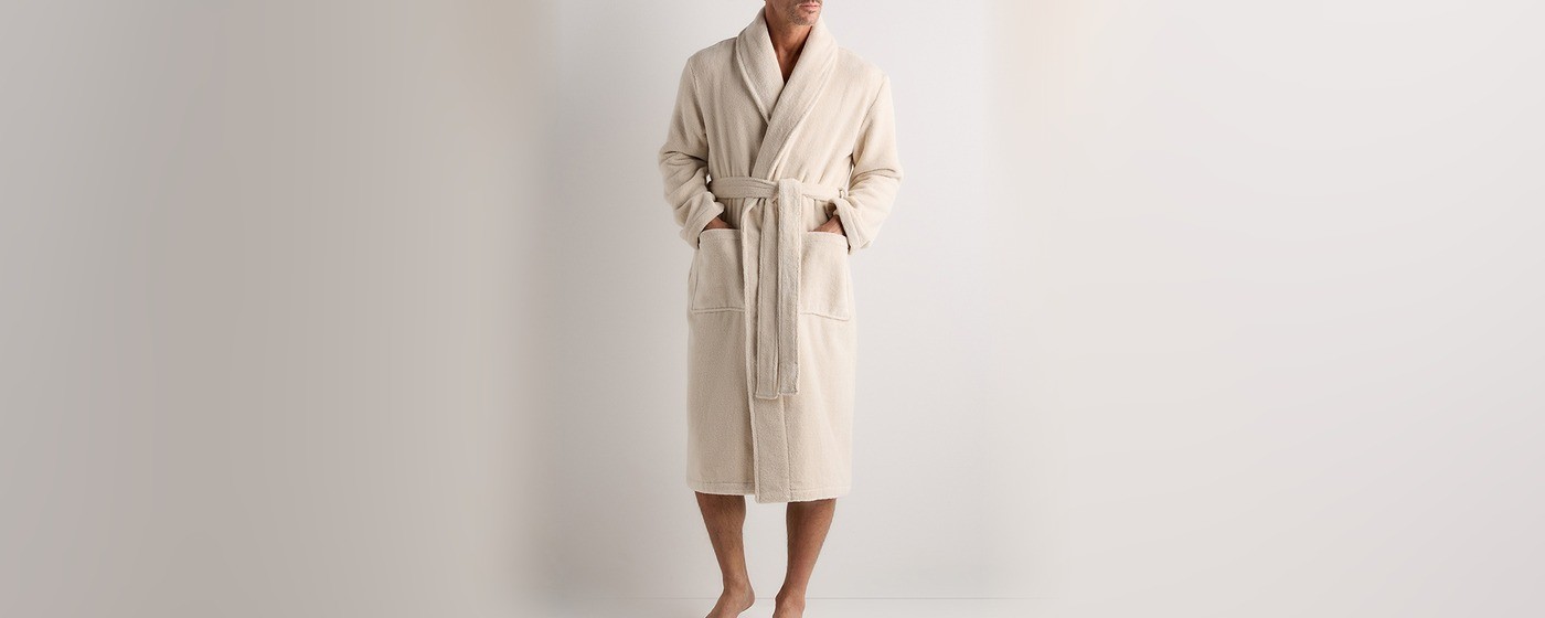 Men's birch Turkish cotton terry robe with shawl collar and self-tie sash