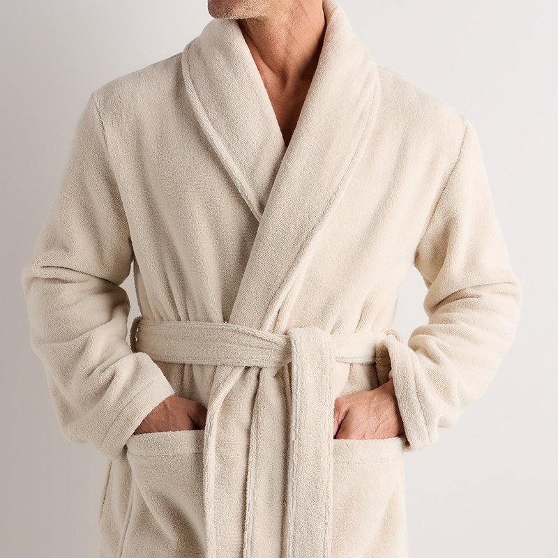 Close-up of terry loop pile on a men's Turkish cotton robe