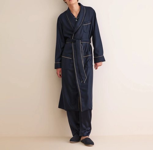 Men's Navy Piped Cotton Robe Supplier | Contrast Piping Dressing Gown