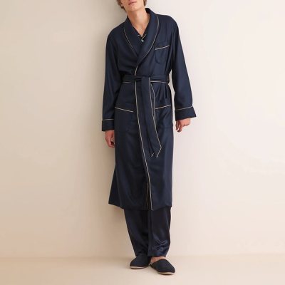 Men's Navy Piped Cotton Robe Supplier | Contrast Piping Dressing Gown