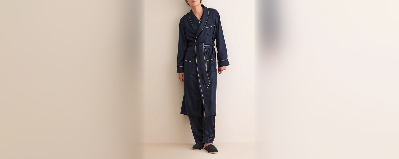 Men's navy cotton robe with cream contrast piping and shawl collar