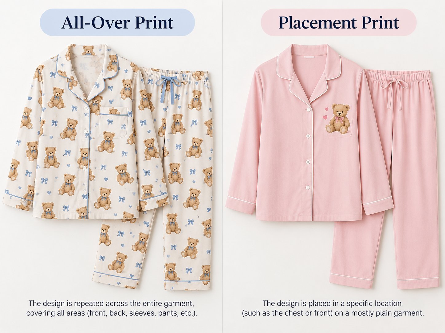 All-over teddy bear print pyjama set beside a plain pink set with a small placement print on the chest