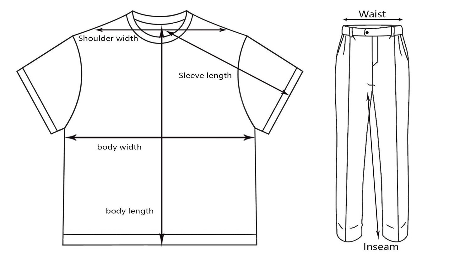 Flat garment measurement diagram showing shoulder width, body width, body length, sleeve length, waist and inseam