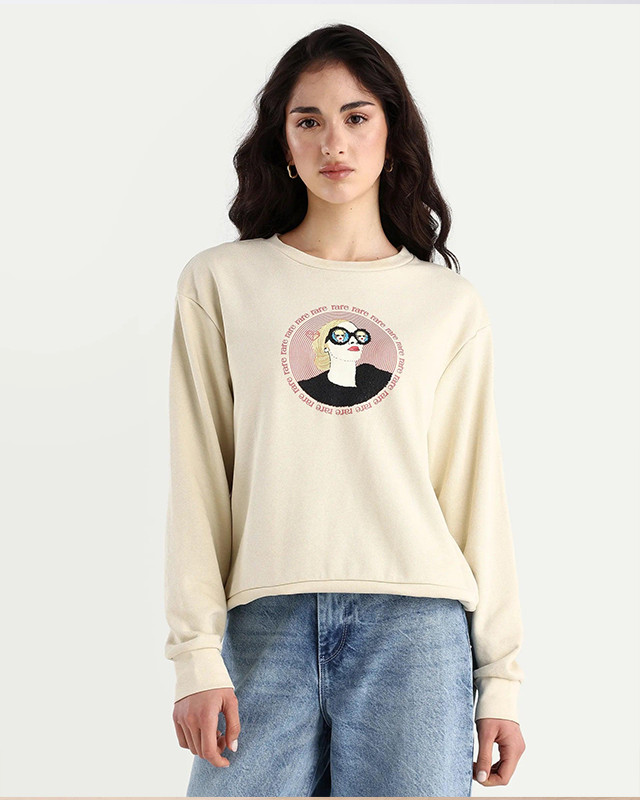 Cream sweatshirt with a single circular graphic printed on the centre chest as a placement print