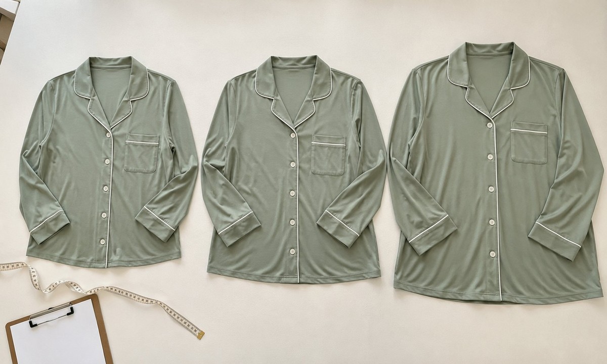 Three identical sage green pajama tops laid side by side, showing the same design graded from a small to a large size