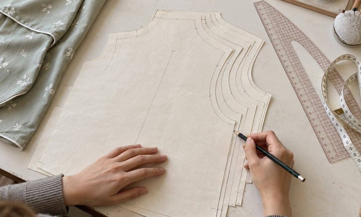 Patternmaker drawing nested graded lines on a paper pajama bodice pattern, with a fabric ruler alongside