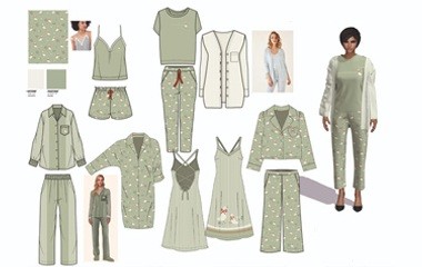 Pajama collection layout showing one green floral print developed into camisoles, shorts, trousers, robes, nightdresses and matching sets