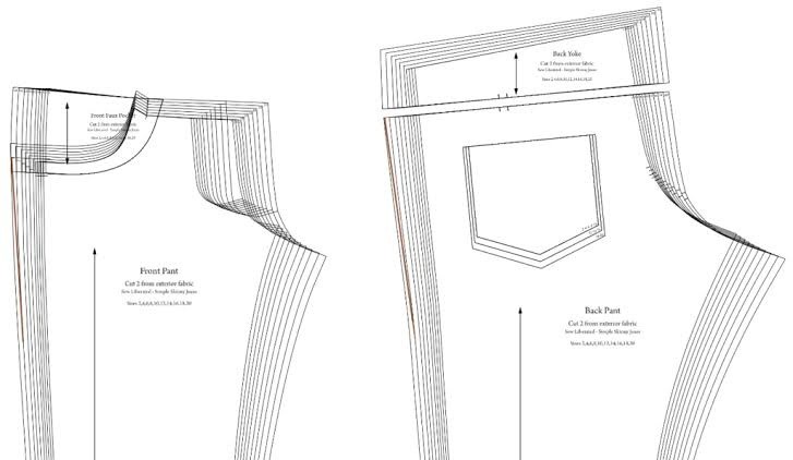 Nested graded pattern pieces for front and back trouser panels, showing how one size expands into a full size range