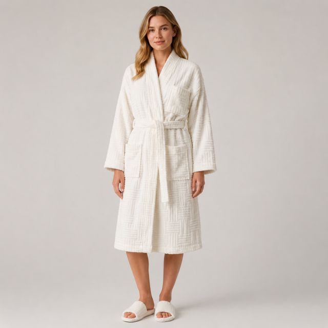 Ivory textured terry bathrobe with shawl collar and waist belt