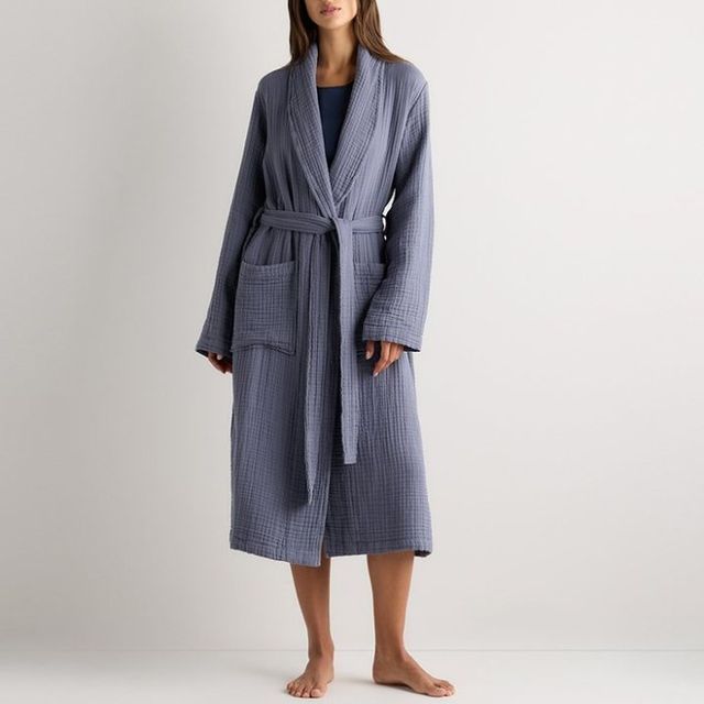 Mist blue waffle bathrobe with shawl collar and patch pockets