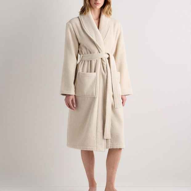 Birch-colored cotton terry spa robe with wrap front and self-tie sash