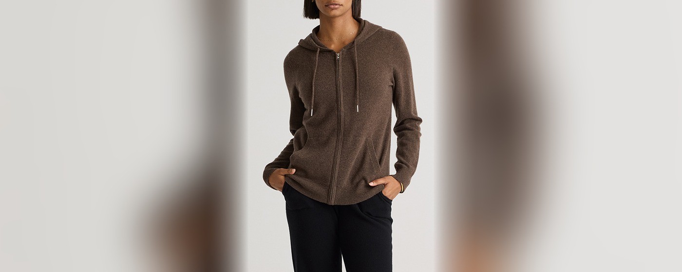 Women's chocolate brown cashmere zip-up hoodie with drawcord hood and ribbed cuffs
