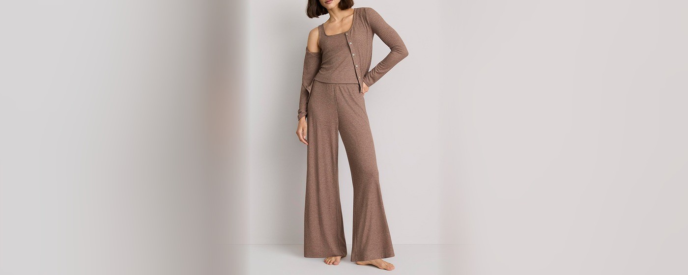 Women's mocha heathered ribbed knit wide leg lounge pants