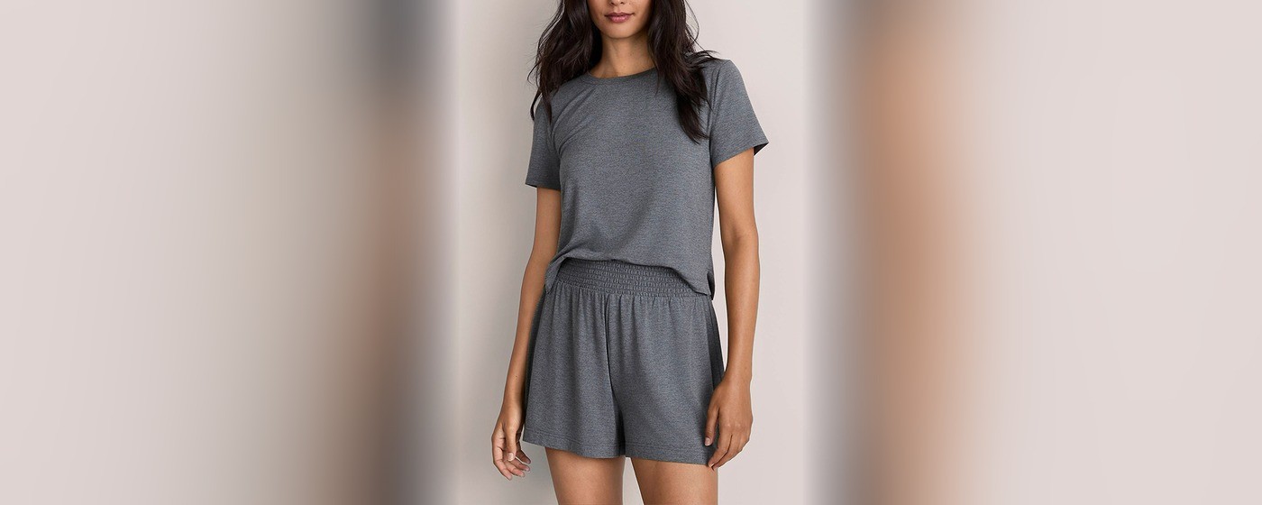 Women's charcoal heathered modal lounge shorts with a smocked waist
