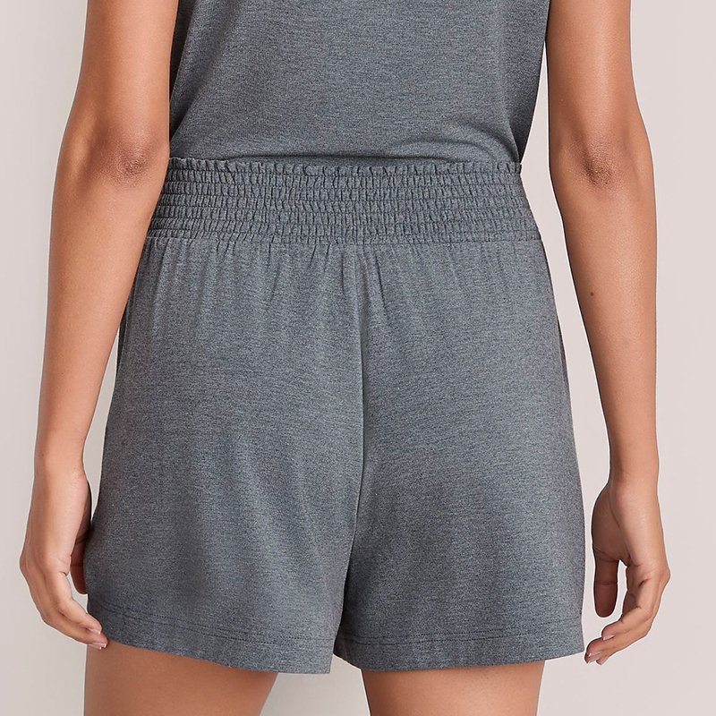 Close-up of the smocked waistband on heathered modal lounge shorts