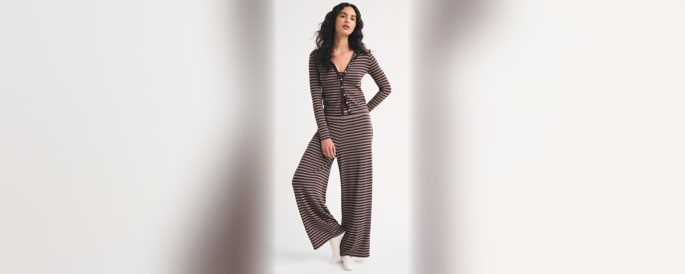 Women's chocolate and cream striped modal blend wide leg lounge pants