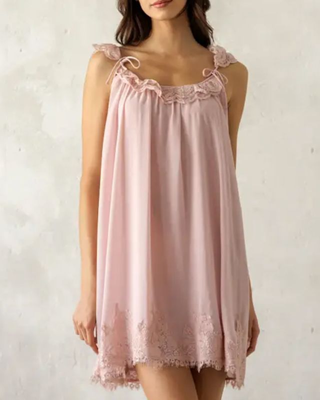 Pink babydoll nightgown with lace-trimmed shoulder straps