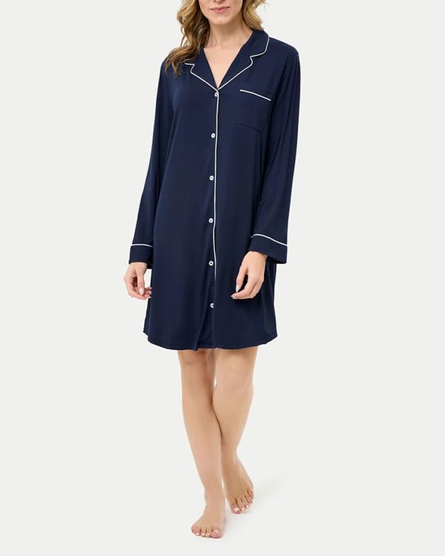 Navy button-front nightshirt with contrast piping