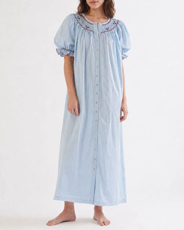 Light blue classic nightgown with an embroidered yoke
