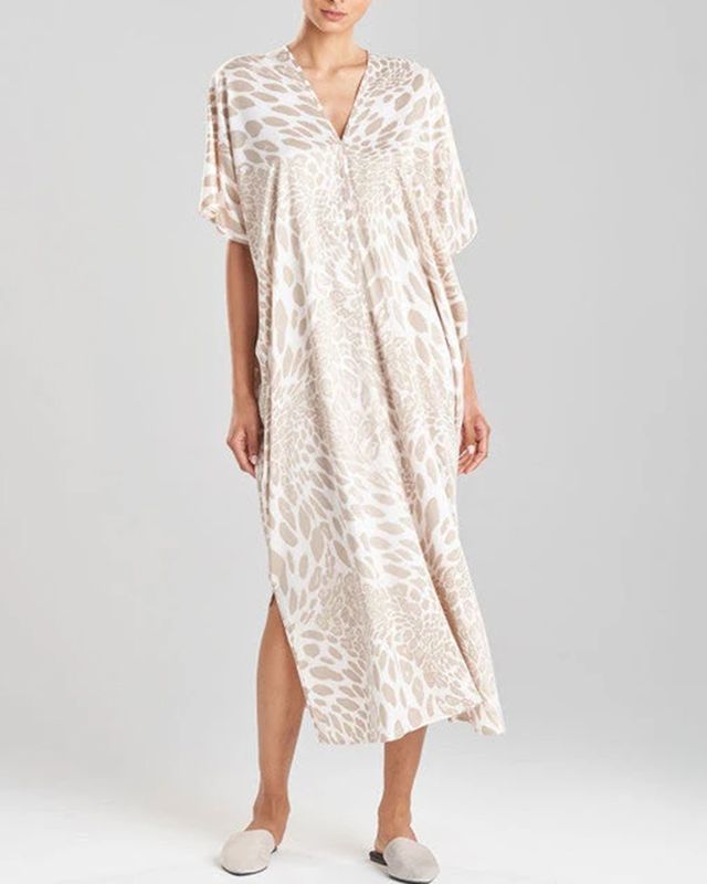Printed caftan nightgown with a V neckline and side slits