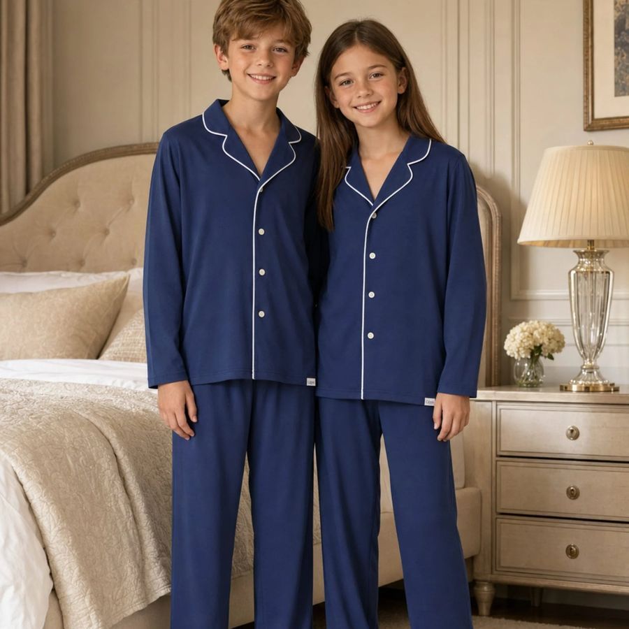 Boy and girl in navy pajama sets with white piping